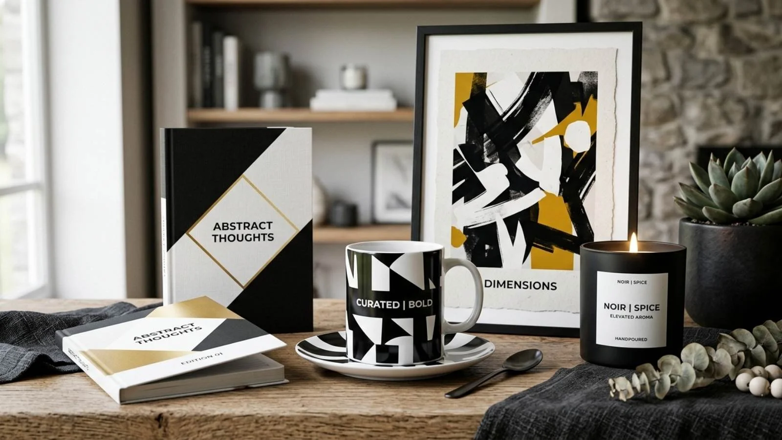 Close-up of AI-generated lifestyle mockups featuring high-contrast design products