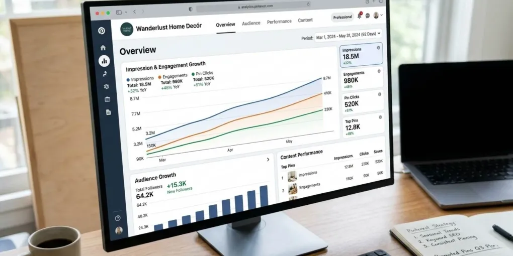 Pinterest analytics dashboard showing growth curves and strategy