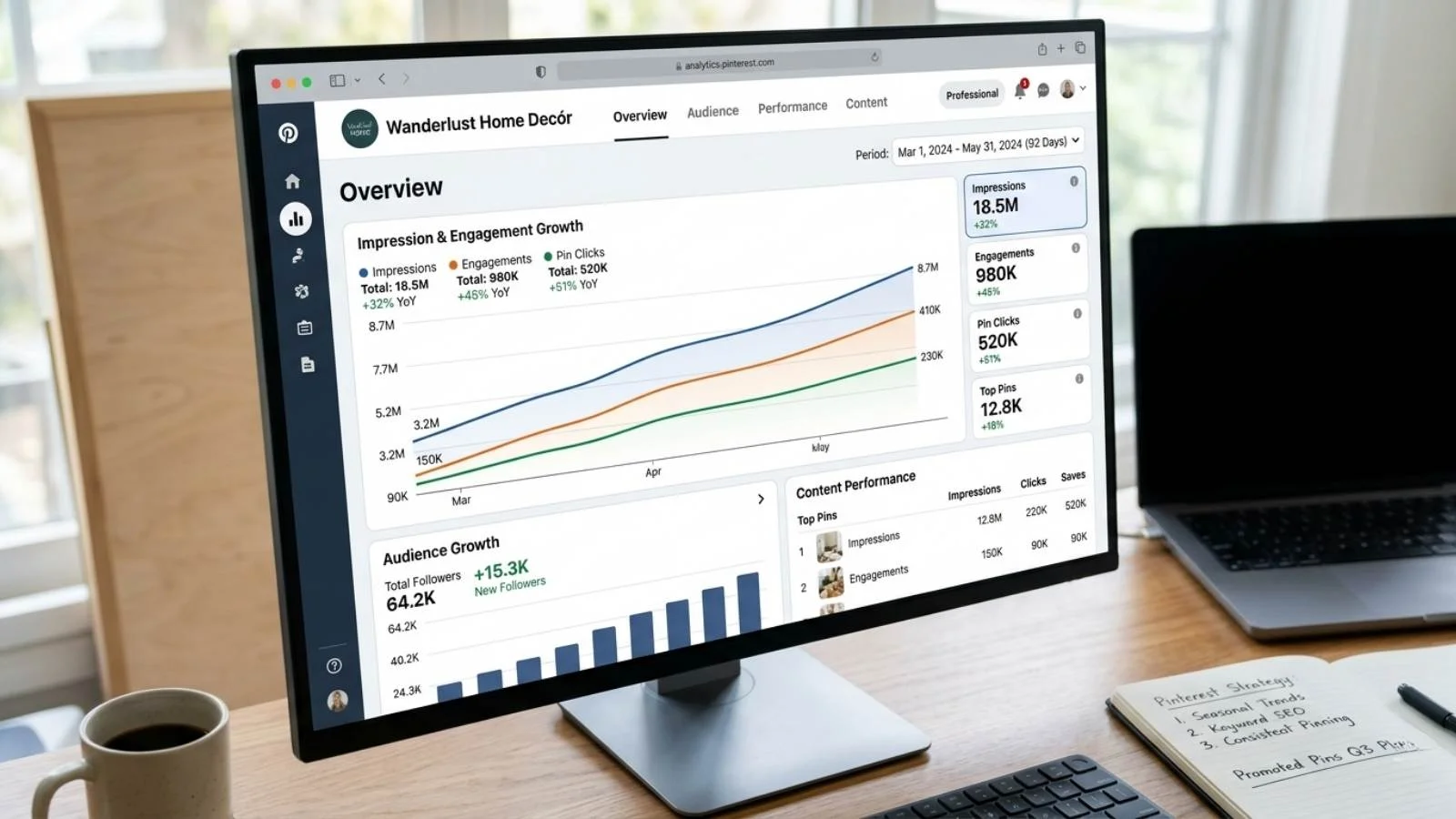 Pinterest analytics dashboard showing growth curves and strategy