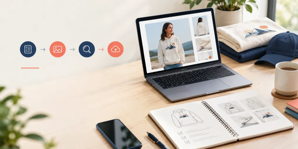 AI-assisted on-model product mockup for a print-on-demand listing