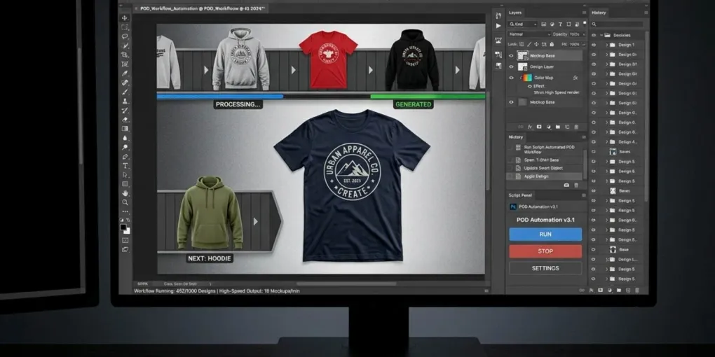 A high-speed print-on-demand workflow generating automated apparel mockups inside Adobe Photoshop