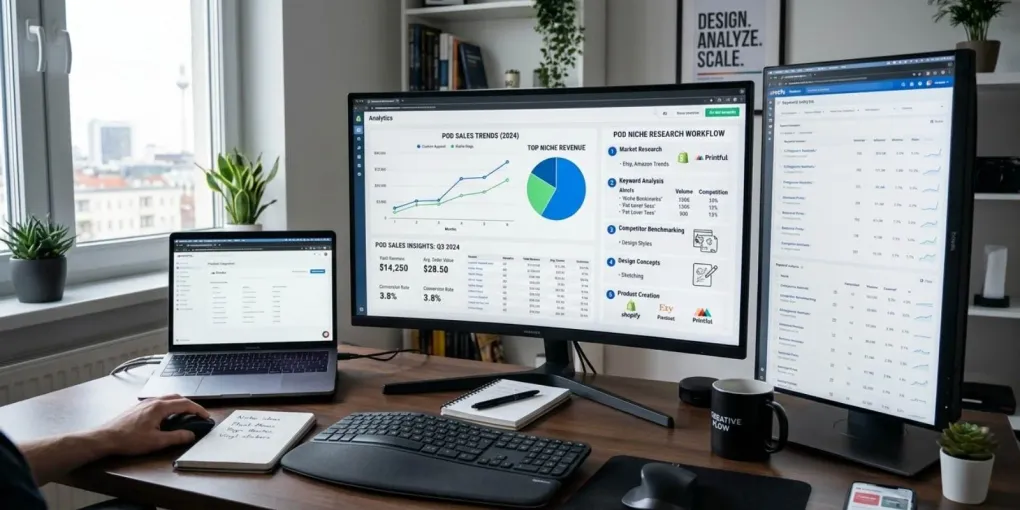Digital workspace showing analytics and print on demand niche research workflows