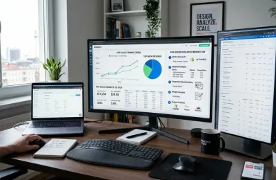Digital workspace showing analytics and print on demand niche research workflows