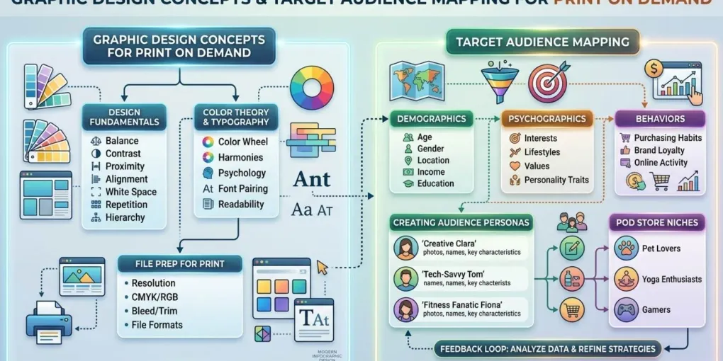 Graphic design concepts and target audience mapping for print on demand storefronts