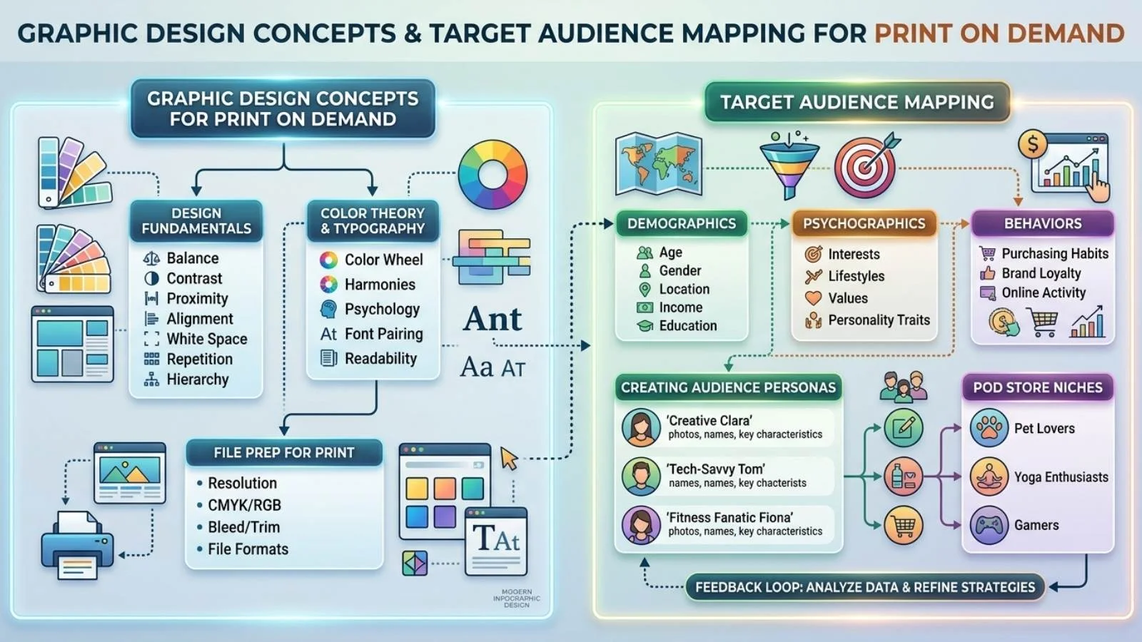 Graphic design concepts and target audience mapping for print on demand storefronts