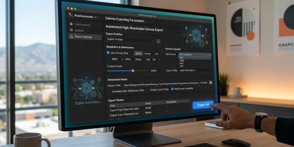 Graphic design template settings showcasing high-resolution canvas exporting parameters for digital automation