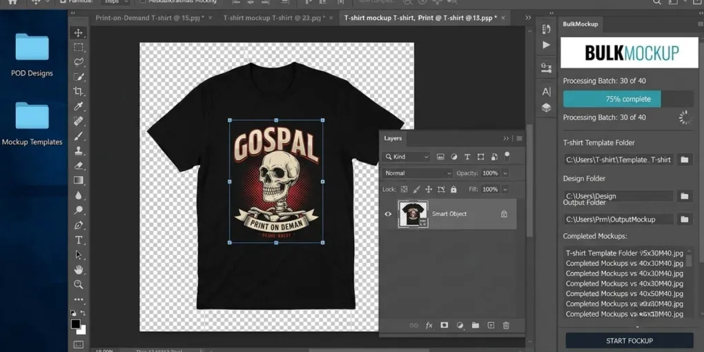 BulkMockup plugin interface processing print-on-demand mockup templates in Adobe Photoshop
