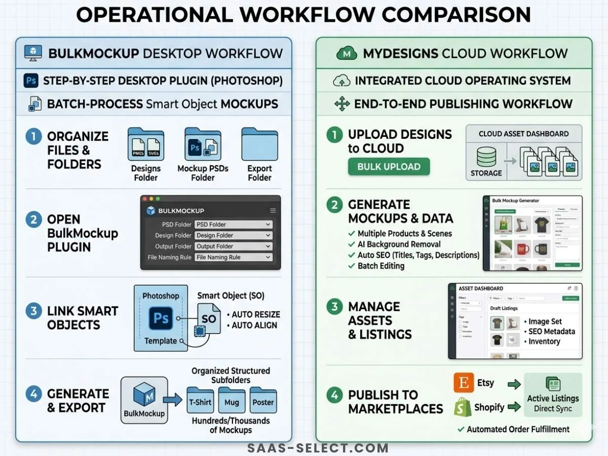 A side by side operational workflow comparison between BulkMockup desktop software and MyDesigns cloud asset dashboard
