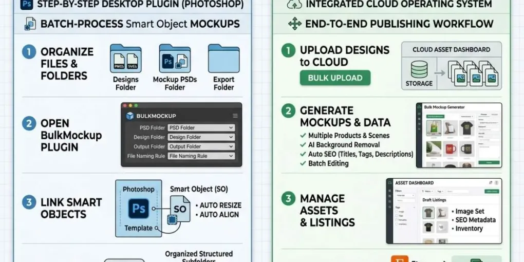 A side by side operational workflow comparison between BulkMockup desktop software and MyDesigns cloud asset dashboard