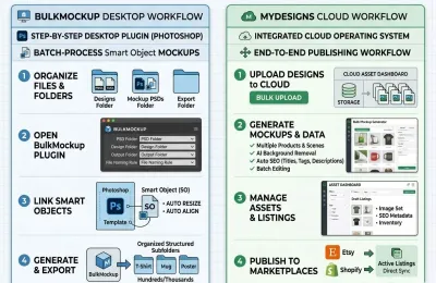A side by side operational workflow comparison between BulkMockup desktop software and MyDesigns cloud asset dashboard