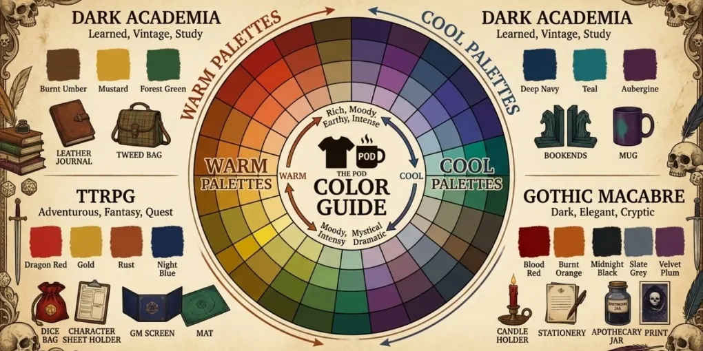 Color wheel infographic showing warm and cool palettes for print-on-demand products with Dark Academia, TTRPG, and Gothic Macabre examples