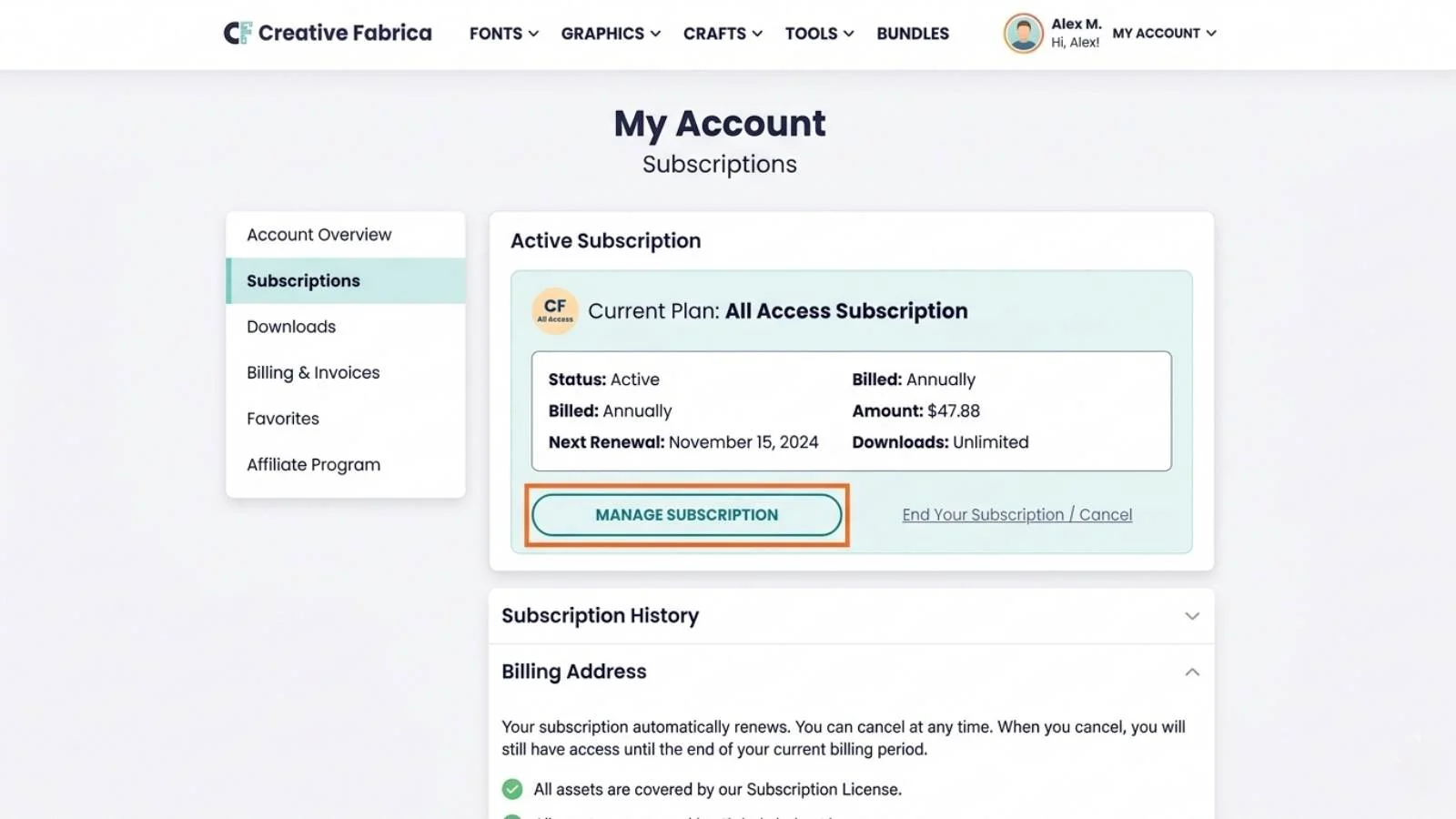 Creative Fabrica account subscriptions page showing the manage subscription and cancellation options