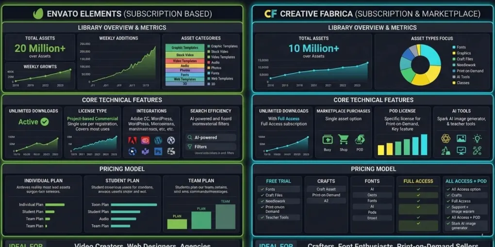 Side-by-side comparison of Creative Fabrica and Envato Elements subscription dashboards for POD sellers