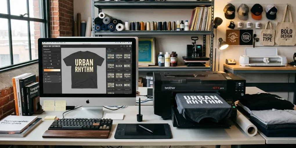 Digital typography workspace rendering customized commercial fonts for automated merchandise production
