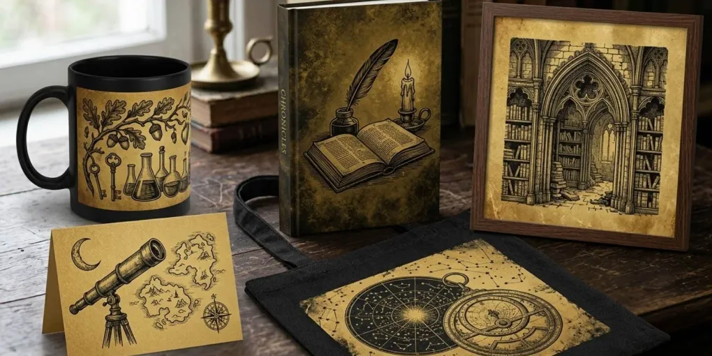 A curated collection of Dark Academia print-on-demand products featuring woodblock engravings on antique gold backgrounds