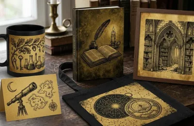 A curated collection of Dark Academia print-on-demand products featuring woodblock engravings on antique gold backgrounds
