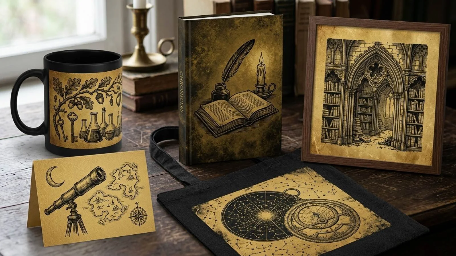 A curated collection of Dark Academia print-on-demand products featuring woodblock engravings on antique gold backgrounds