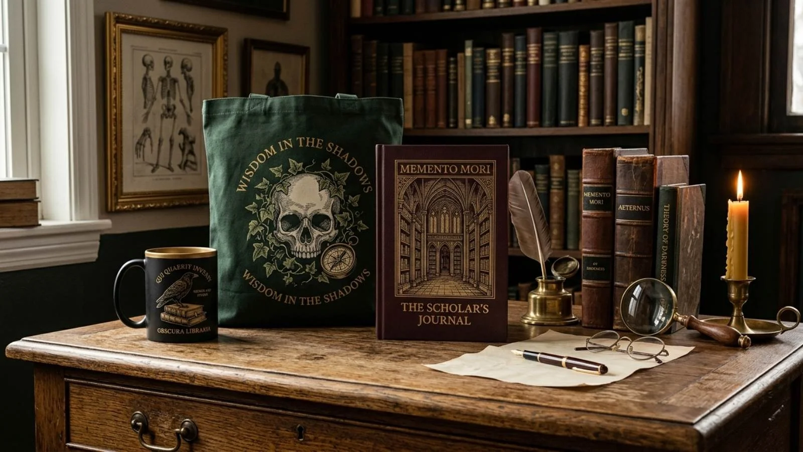 A curated collection of Dark Academia print-on-demand products featuring woodblock engravings, antique gold accents, and scholarly props styled on a vintage wooden desk