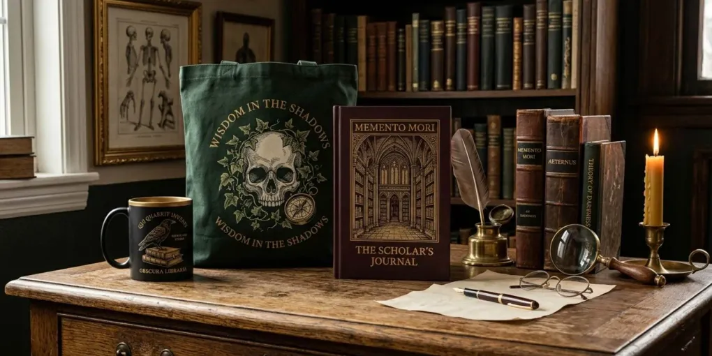 A curated collection of Dark Academia print-on-demand products featuring woodblock engravings, antique gold accents, and scholarly props styled on a vintage wooden desk