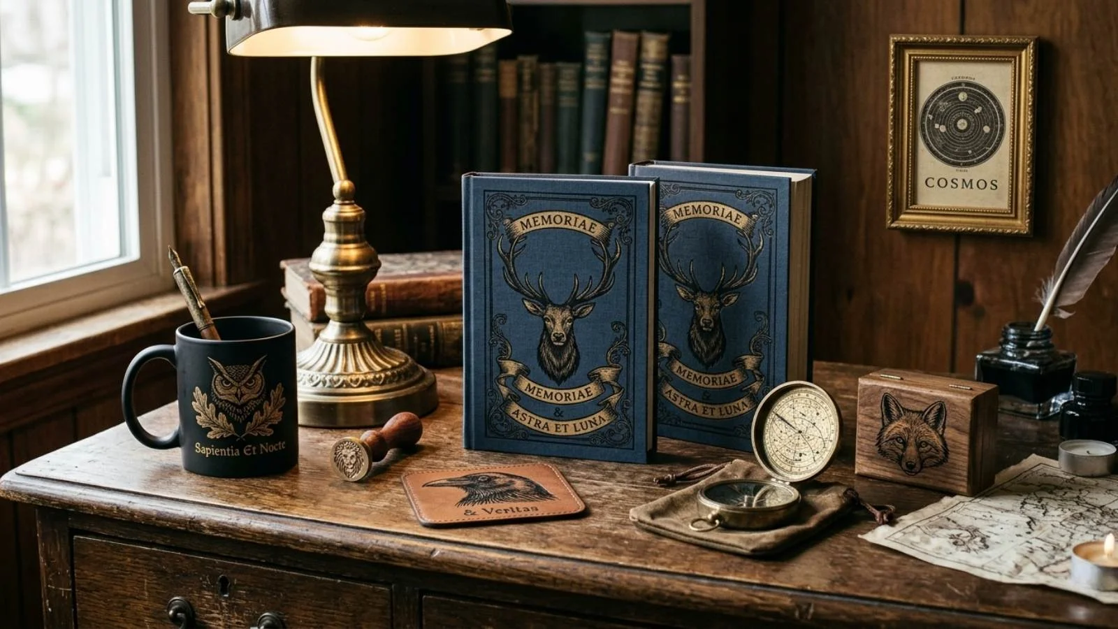 A curated collection of print-on-demand products featuring cohesive woodcut engravings, antique gold accents, and Dark Academia styling on a vintage desk
