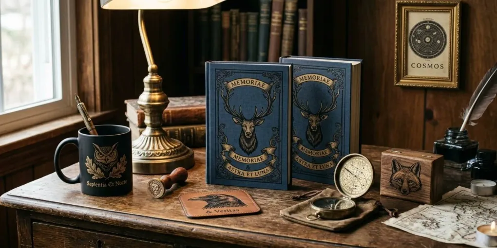 A curated collection of print-on-demand products featuring cohesive woodcut engravings, antique gold accents, and Dark Academia styling on a vintage desk