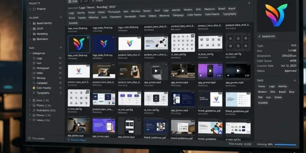 A digital asset management interface organising creative files with asset identifiers, metadata fields and publishing status