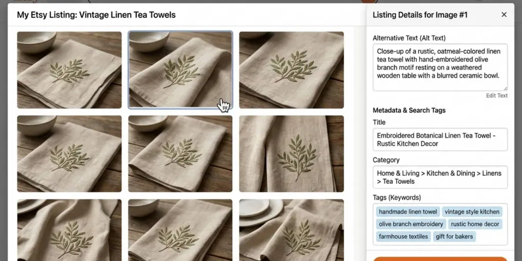 Etsy listing photo grid showing a mockup thumbnail alongside its alt text and metadata fields