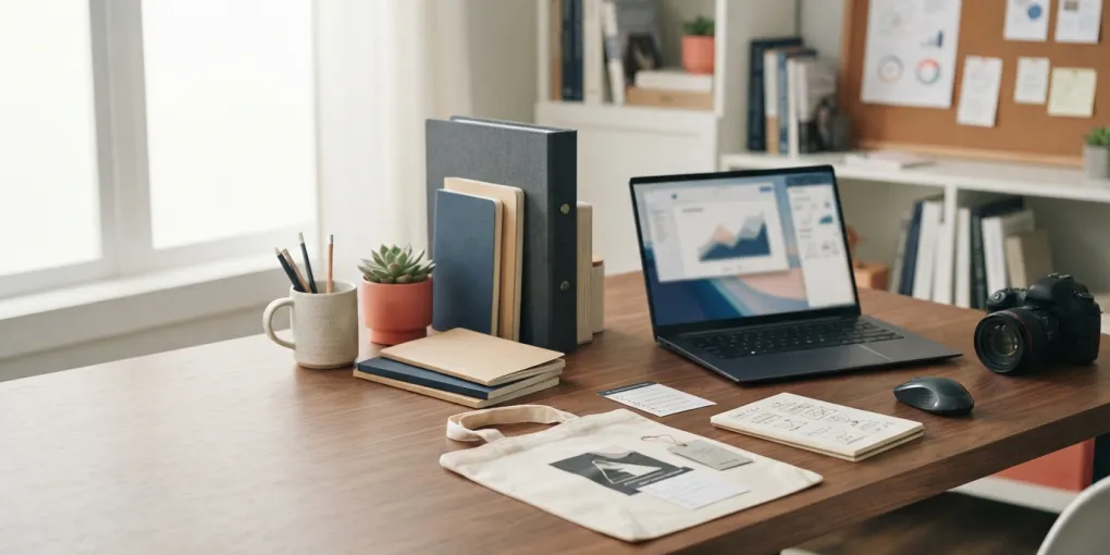 Organised desk with a folded plain t-shirt, a blank notebook and a laptop in navy, off-white and coral tones