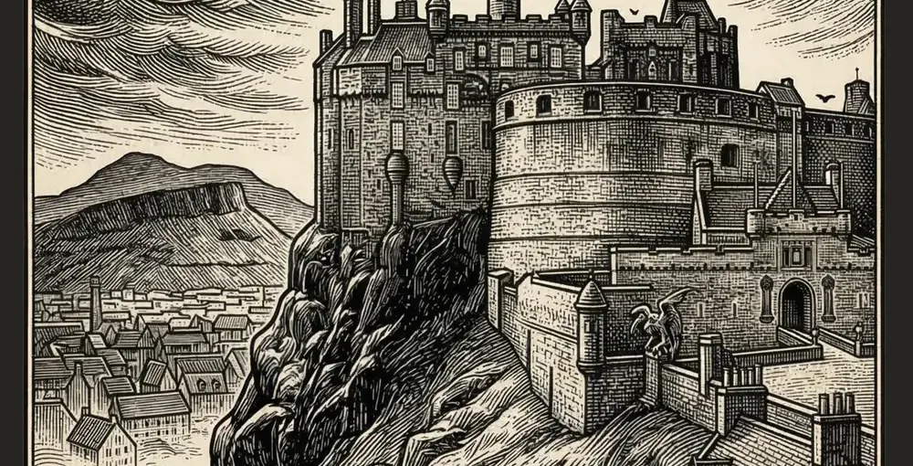 Gothic woodcut engraving poster of Edinburgh Castle at night, titled The Old Town Citadel, part of The Cartographer's Grimoire collection