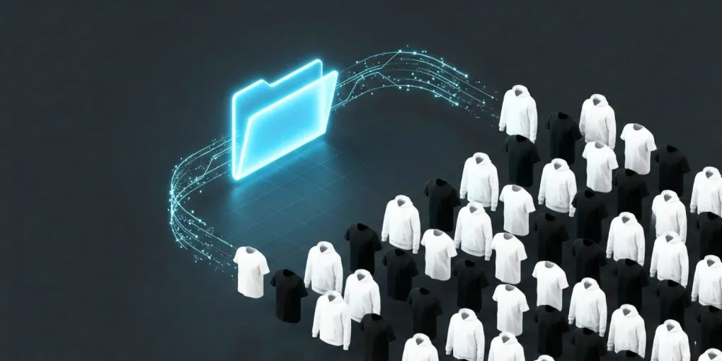 Minimalist 3D isometric composition of a digital folder duplicating into blank apparel for print-on-demand automation