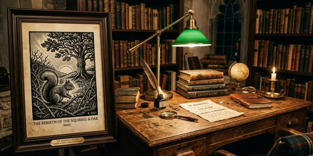 A dark academia workspace with a wooden desk, antique books, and a print showing a gothic woodcut engraving, symbolizing a brand pivot after an IP crisis