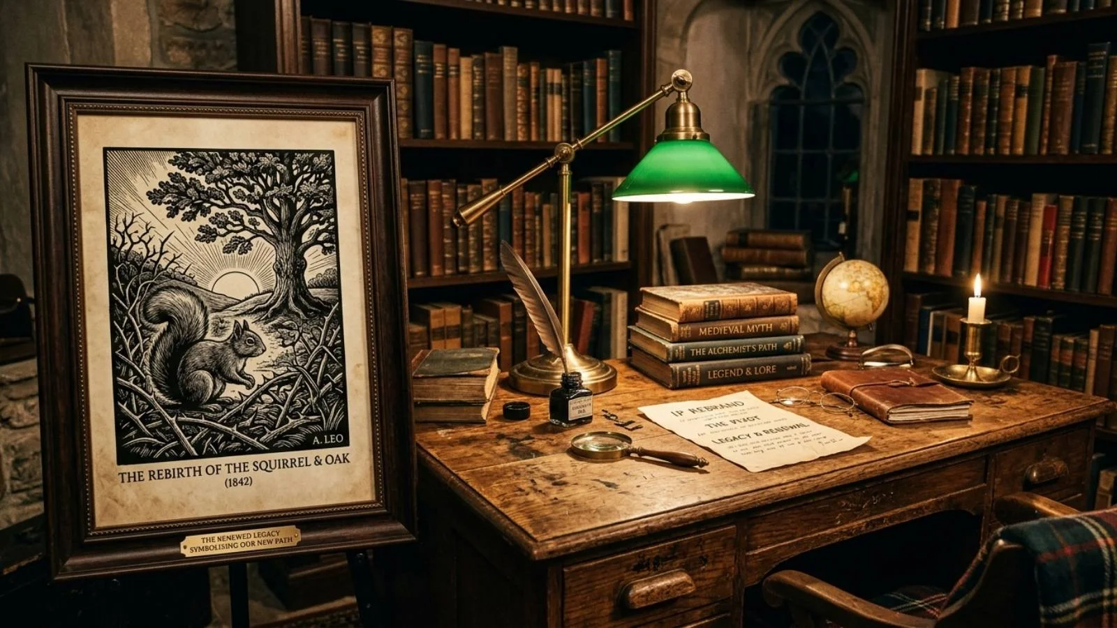 A dark academia workspace with a wooden desk, antique books, and a print showing a gothic woodcut engraving, symbolizing a brand pivot after an IP crisis