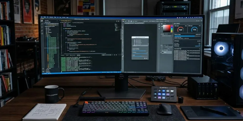 A split-screen workflow showing a local desktop mockup workspace and a cloud publishing dashboard for print-on-demand assets