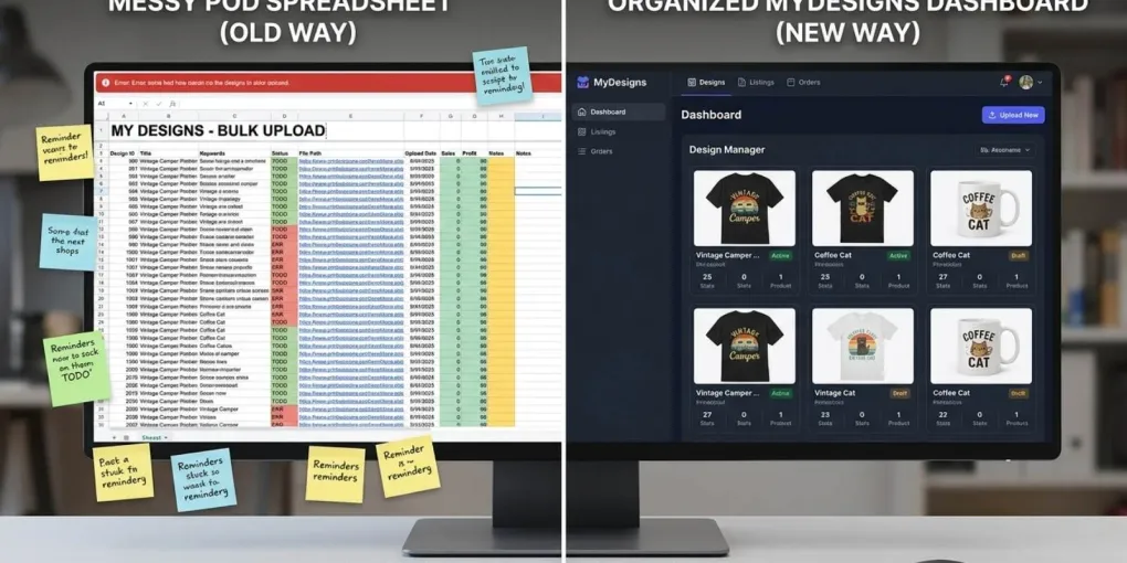 MyDesigns dashboard for organizing print-on-demand designs, products, mockups, and listing data
