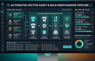 Automated print-on-demand dashboard syncing digital asset vectors into a bulk merchandise publishing pipeline
