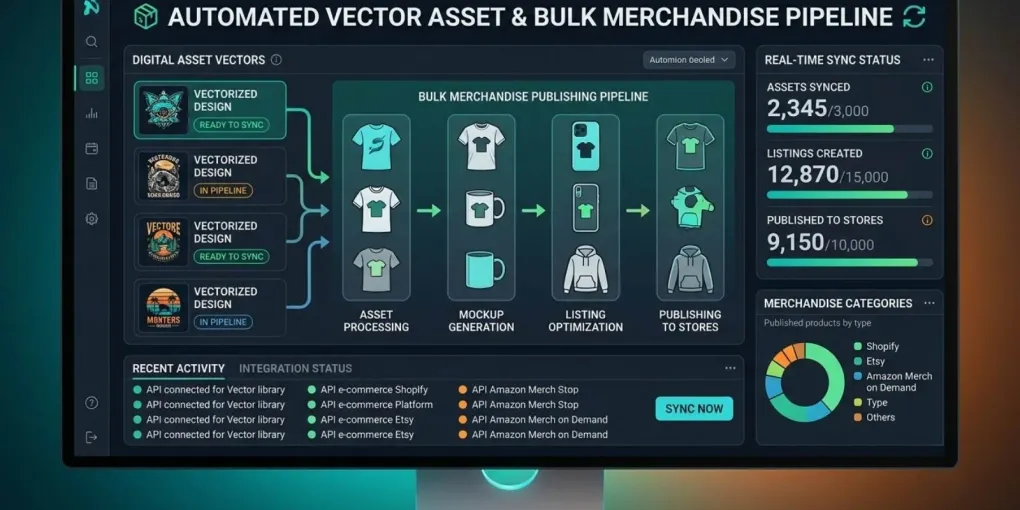 Automated print-on-demand dashboard syncing digital asset vectors into a bulk merchandise publishing pipeline