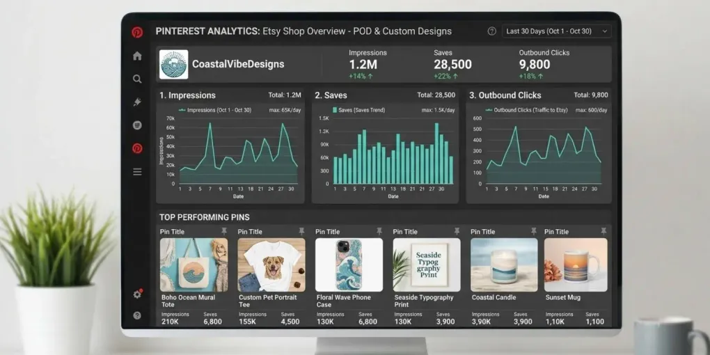 Pinterest Analytics dashboard showing impressions, saves, and outbound click metrics for a POD Etsy shop