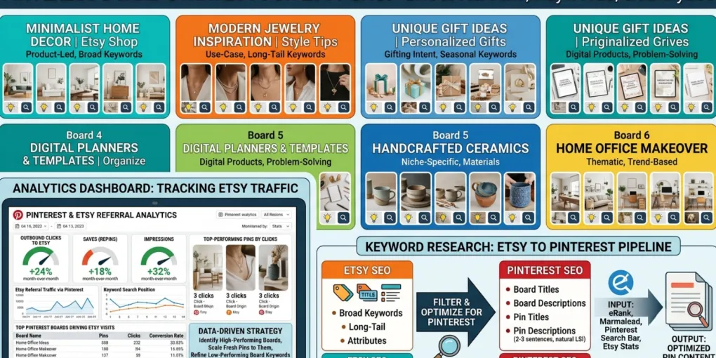 Pinterest board strategy showing vertical pins optimized for Etsy SEO with keyword research and analytics dashboard