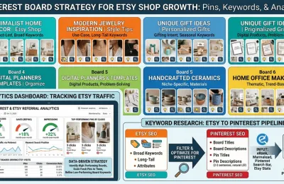 Pinterest board strategy showing vertical pins optimized for Etsy SEO with keyword research and analytics dashboard