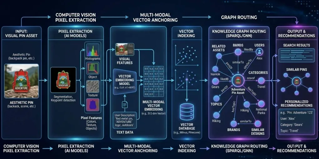 An architectural workflow diagram illustrating how a visual pin asset passes through computer vision pixel extraction, multi-modal vector anchoring, and graph routing.