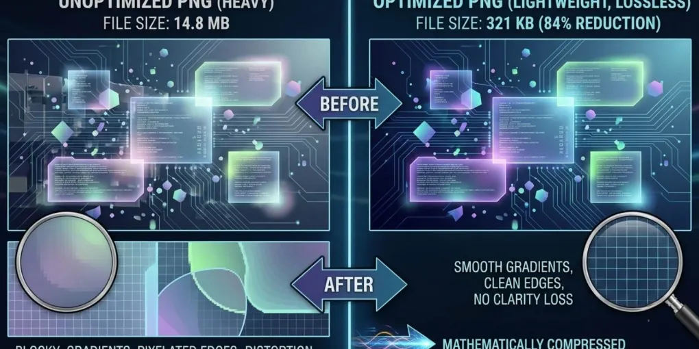 A split-screen comparison showing a heavy unoptimized PNG file layout transforming into a mathematically compressed, lightweight image asset without loss of visual clarity.