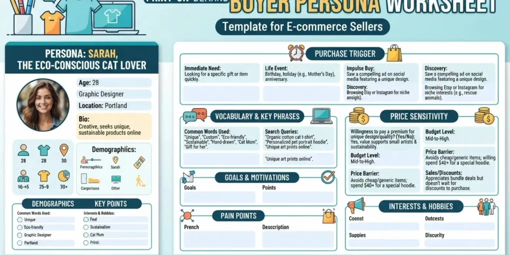 Print-on-demand buyer persona worksheet showing purchase trigger, vocabulary, and price sensitivity fields