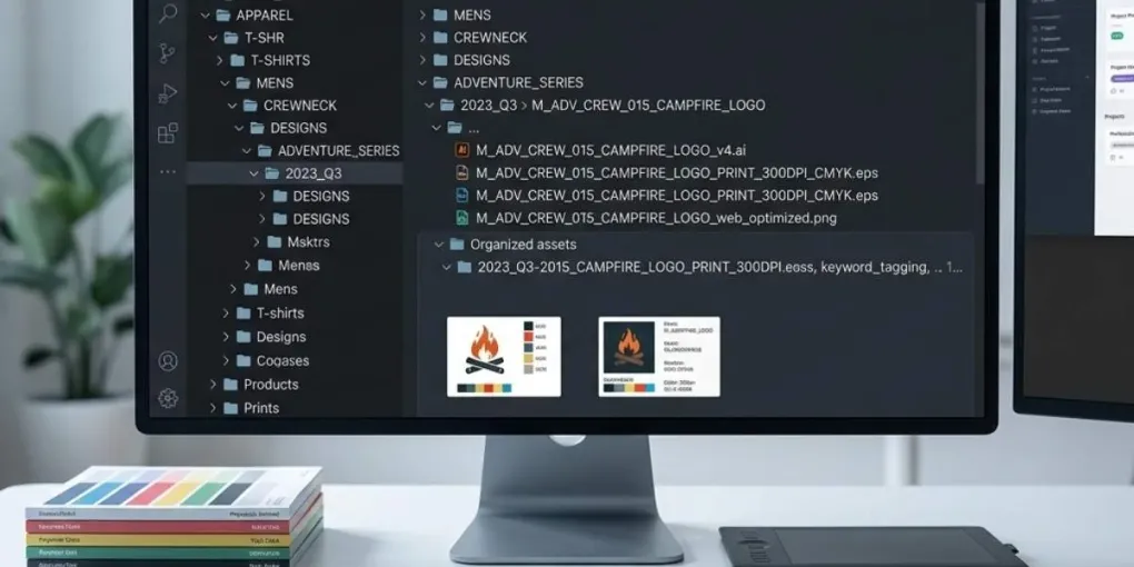 A highly organized digital workspace displaying structured file hierarchies, clean folder naming strings, and optimized print-on-demand assets.