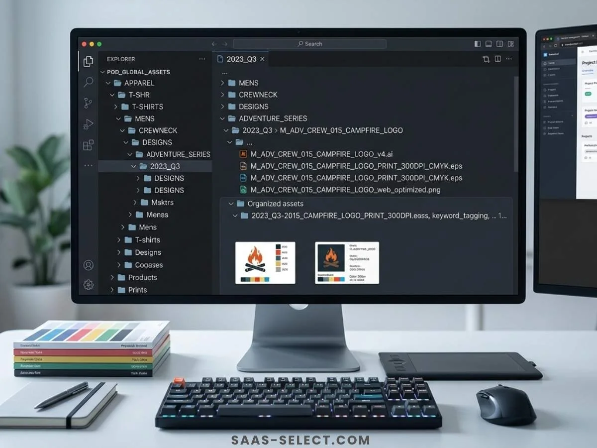 A highly organized digital workspace displaying structured file hierarchies, clean folder naming strings, and optimized print-on-demand assets.