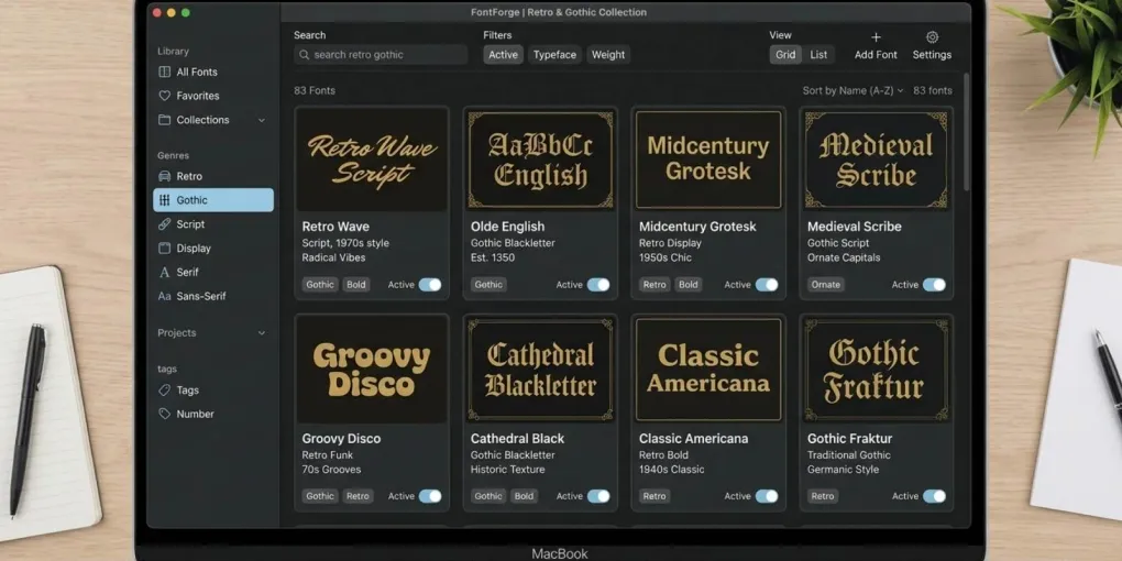 Font manager interface showing niche-sorted typography collections for Dark Academia and tabletop RPG POD design workflows