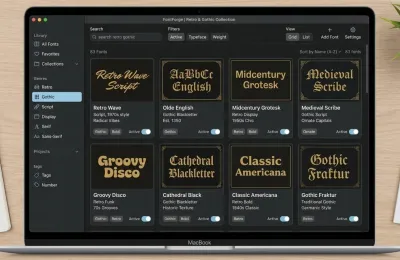 Font manager interface showing niche-sorted typography collections for Dark Academia and tabletop RPG POD design workflows
