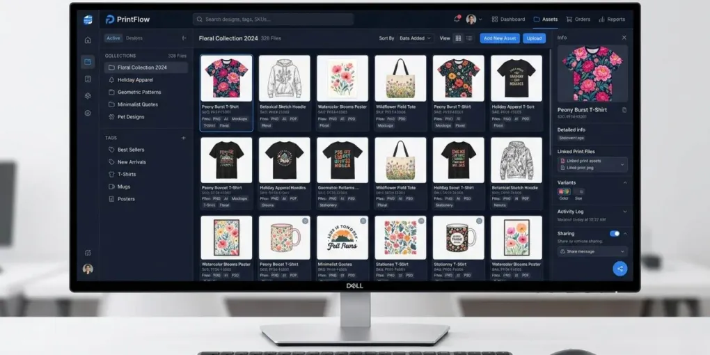 Digital asset management interface showing neatly organized print-on-demand design files