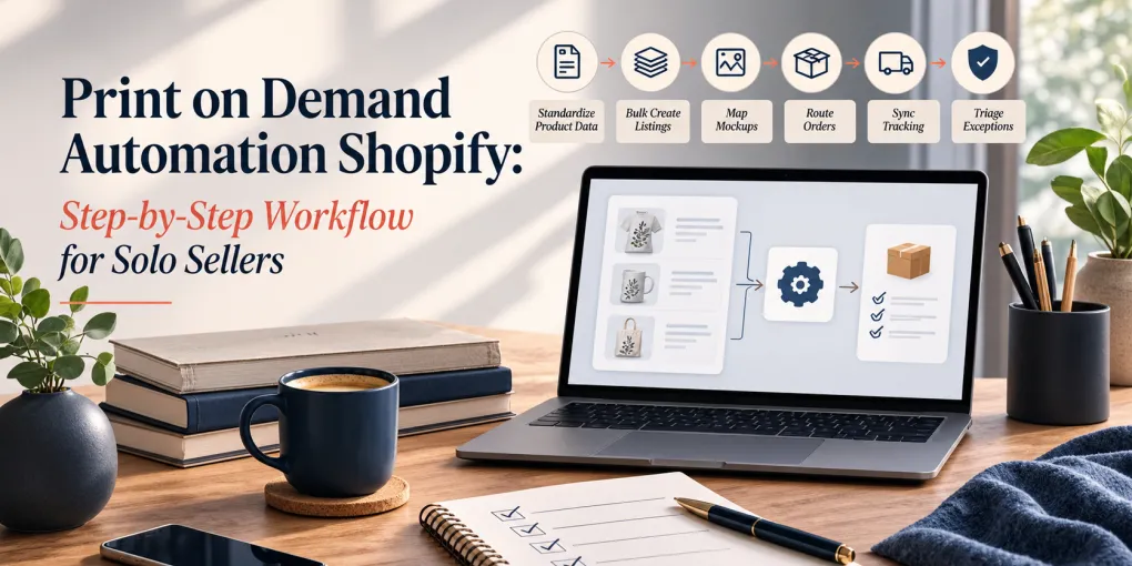 Editorial hero image showing a structured Shopify print-on-demand automation workflow