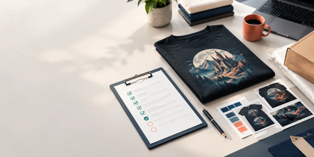 Print on demand t-shirt sample laid flat with a tape measure and a quality control checklist beside it