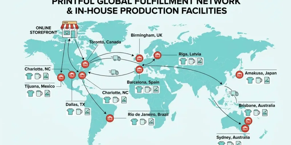 A world map showing Printful's in-house production facilities connected to an online storefront, illustrating its fulfillment network